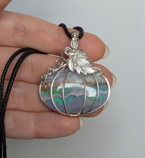 Plume Agate Doublet Pumpkin Wire Wrapped Pendant in Sterling Silver