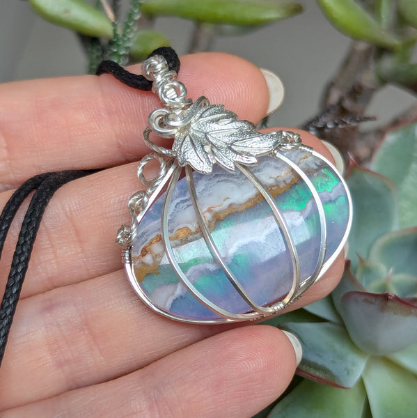 Plume Agate Doublet Pumpkin Wire Wrapped Pendant in Sterling Silver