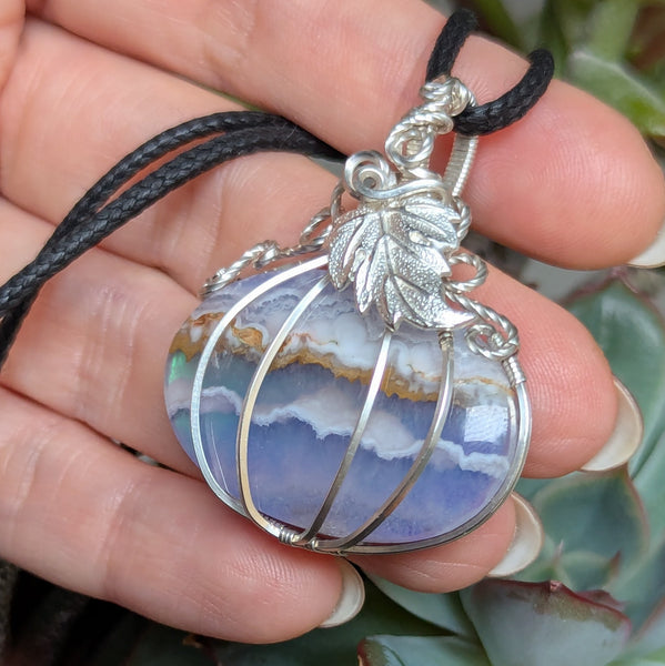 Plume Agate Doublet Pumpkin Wire Wrapped Pendant in Sterling Silver