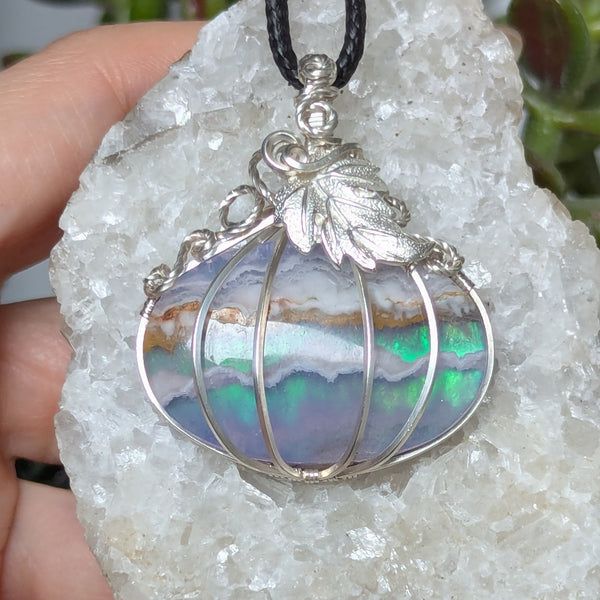 Plume Agate Doublet Pumpkin Wire Wrapped Pendant in Sterling Silver