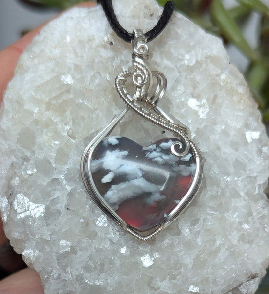 Plume Agate Doublet Heart Wire Wrapped Pendant in Sterling Silver