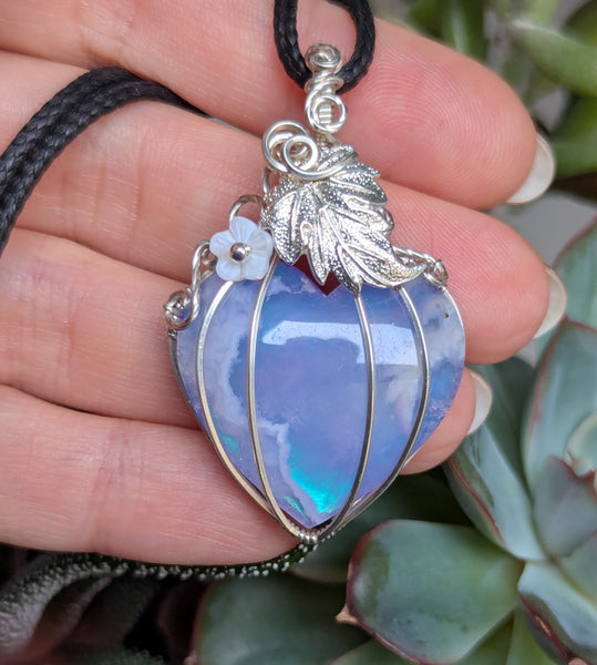 Plume Agate Doublet Heart  Pumpkin Wire Wrapped Pendant in Sterling Silver