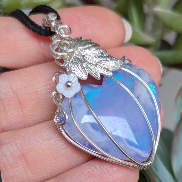 Plume Agate Doublet Heart  Pumpkin Wire Wrapped Pendant in Sterling Silver
