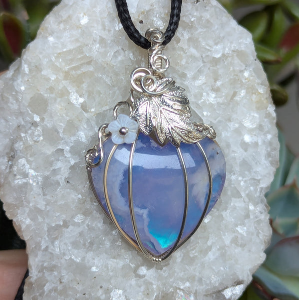 Plume Agate Doublet Heart  Pumpkin Wire Wrapped Pendant in Sterling Silver