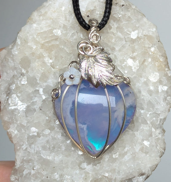 Plume Agate Doublet Heart  Pumpkin Wire Wrapped Pendant in Sterling Silver