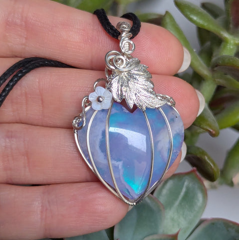 Plume Agate Doublet Heart  Pumpkin Wire Wrapped Pendant in Sterling Silver