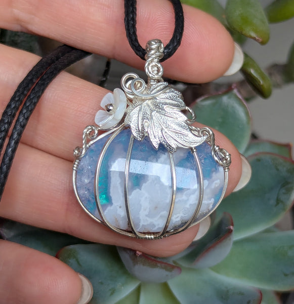 Plume Agate Doublet Pumpkin Wire Wrapped Pendant in Sterling Silver