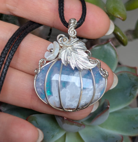 Plume Agate Doublet Pumpkin Wire Wrapped Pendant in Sterling Silver
