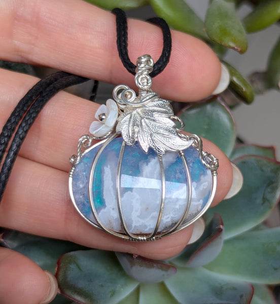 Plume Agate Doublet Pumpkin Wire Wrapped Pendant in Sterling Silver