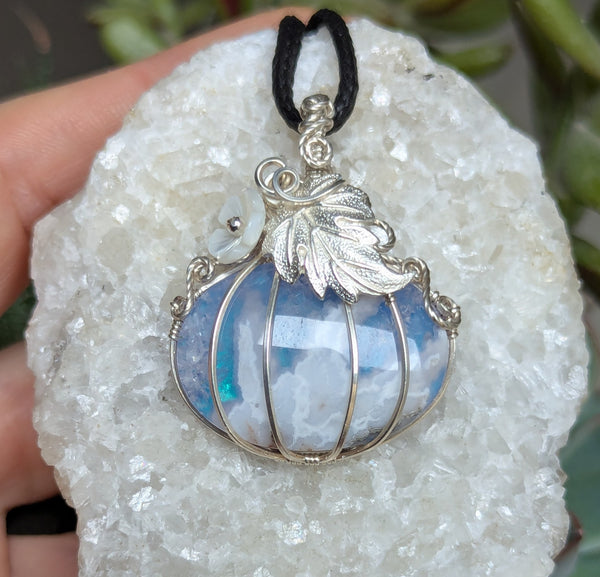 Plume Agate Doublet Pumpkin Wire Wrapped Pendant in Sterling Silver