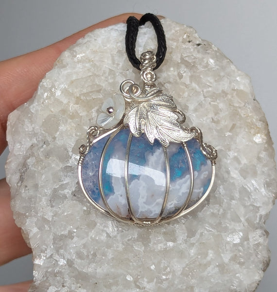 Plume Agate Doublet Pumpkin Wire Wrapped Pendant in Sterling Silver