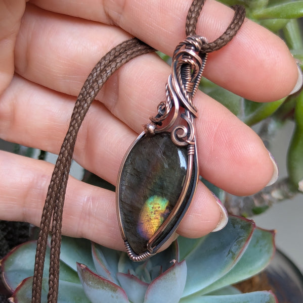 Labradorite Wire Wrapped Pendant in Oxidized Copper