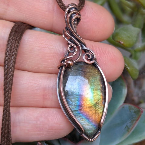 Labradorite Wire Wrapped Pendant in Oxidized Copper