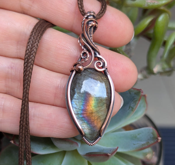 Labradorite Wire Wrapped Pendant in Oxidized Copper