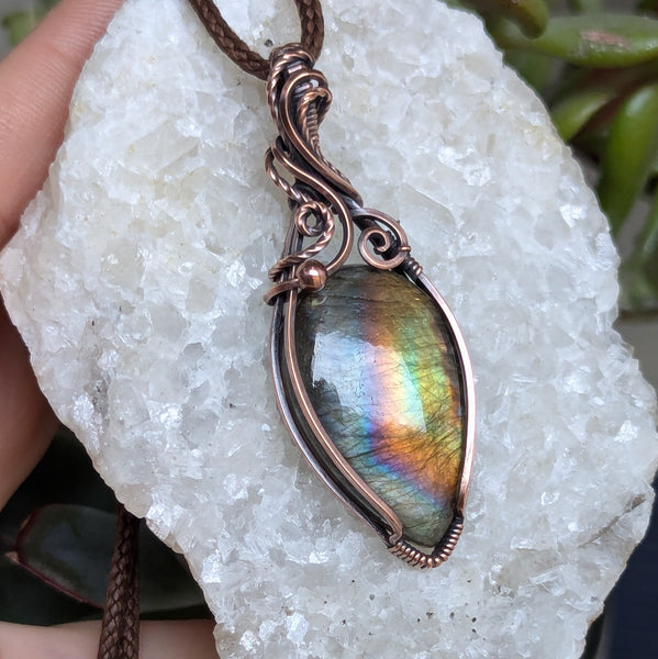 Labradorite Wire Wrapped Pendant in Oxidized Copper