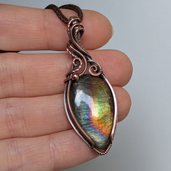 Labradorite Wire Wrapped Pendant in Oxidized Copper