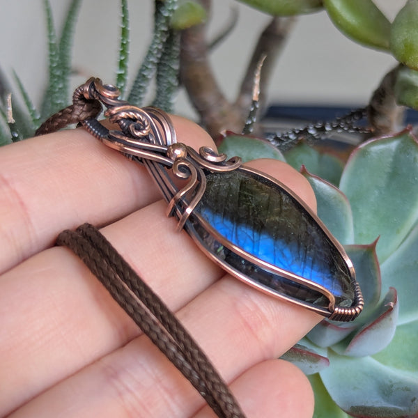 Labradorite Wire Wrapped Pendant in Oxidized Copper