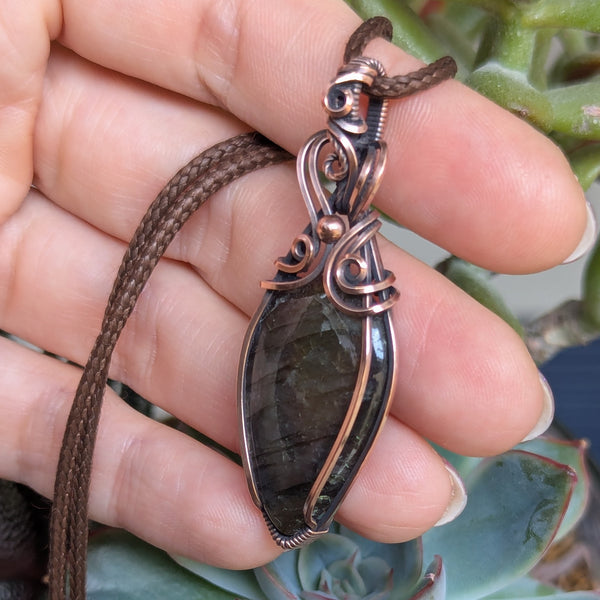 Labradorite Wire Wrapped Pendant in Oxidized Copper
