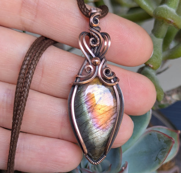 Labradorite Wire Wrapped Pendant in Oxidized Copper