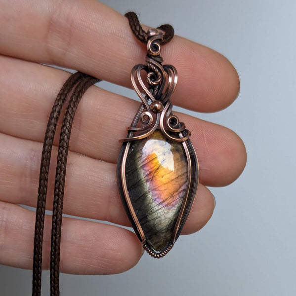 Labradorite Wire Wrapped Pendant in Oxidized Copper