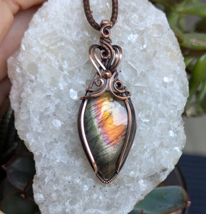Labradorite Wire Wrapped Pendant in Oxidized Copper
