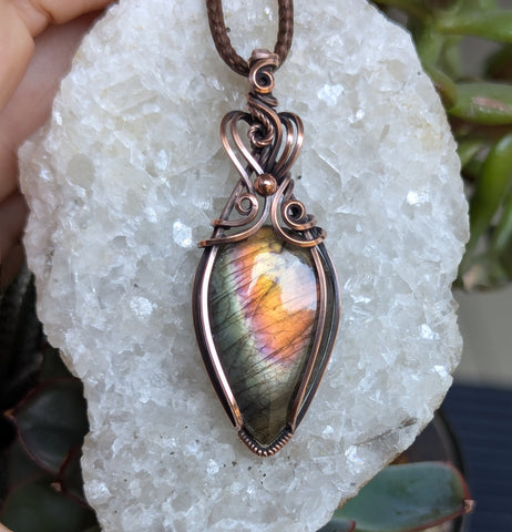 Labradorite Wire Wrapped Pendant in Oxidized Copper