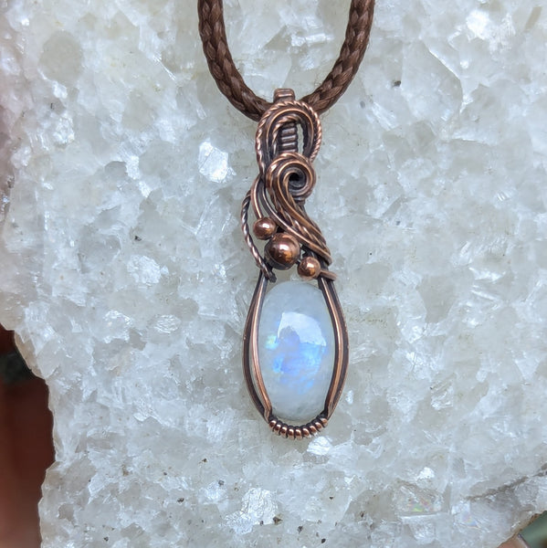 Rainbow Moonstone Wire Wrapped Mini Pendant in Oxidized Copper
