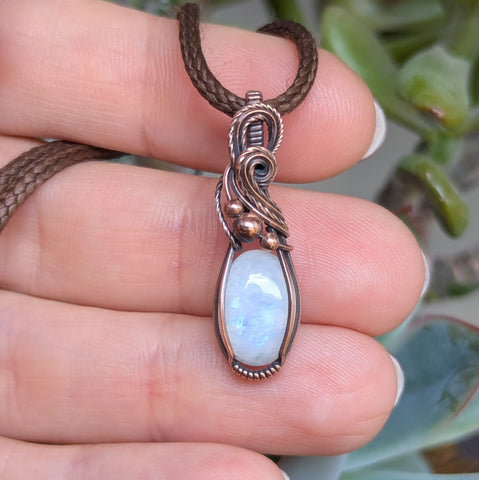 Rainbow Moonstone Wire Wrapped Mini Pendant in Oxidized Copper