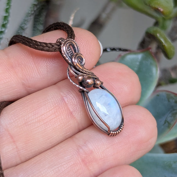 Rainbow Moonstone Wire Wrapped Mini Pendant in Oxidized Copper