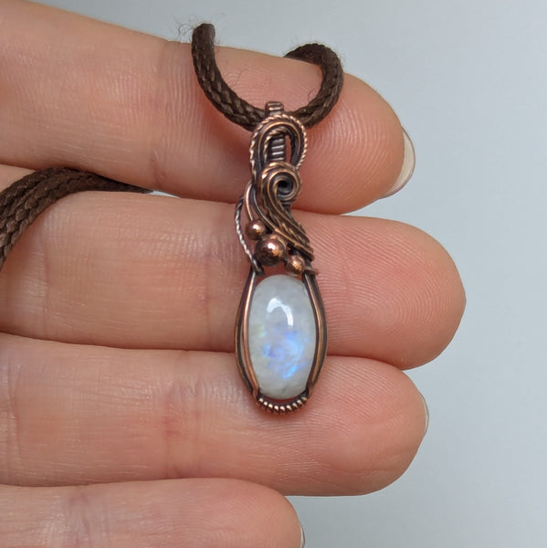 Rainbow Moonstone Wire Wrapped Mini Pendant in Oxidized Copper