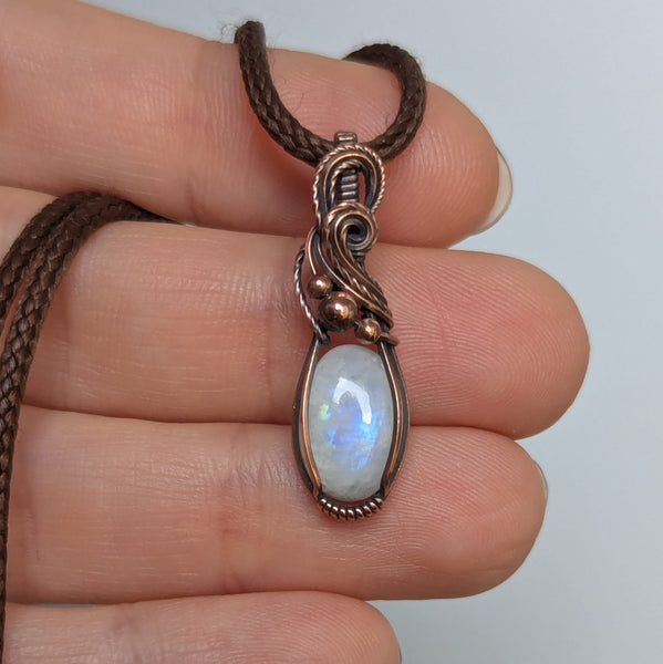 Rainbow Moonstone Wire Wrapped Mini Pendant in Oxidized Copper