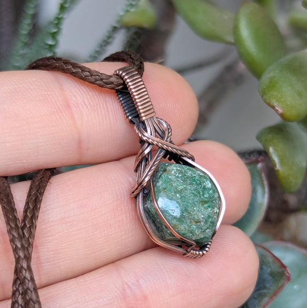 Green Aventurine Wire Wrapped Mini Pendant in Oxidized Copper