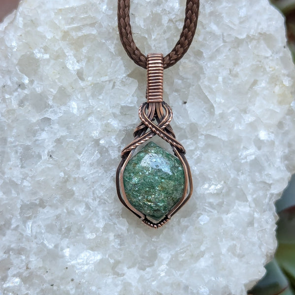 Green Aventurine Wire Wrapped Mini Pendant in Oxidized Copper