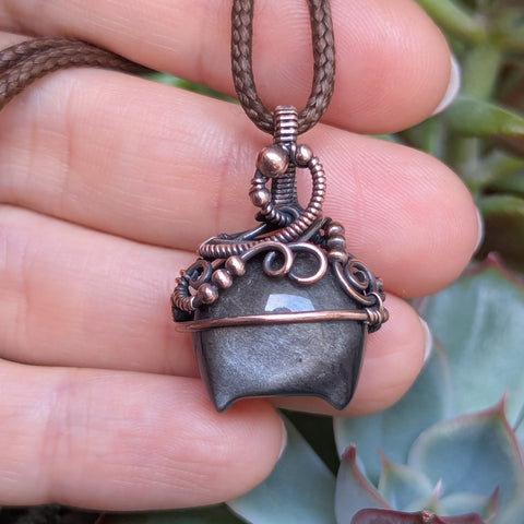Silver Sheen Obsidian Cauldron Wire Wrapped Oxidized Copper Pendant
