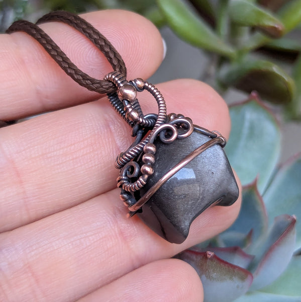 Silver Sheen Obsidian Cauldron Wire Wrapped Oxidized Copper Pendant