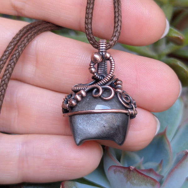 Silver Sheen Obsidian Cauldron Wire Wrapped Oxidized Copper Pendant