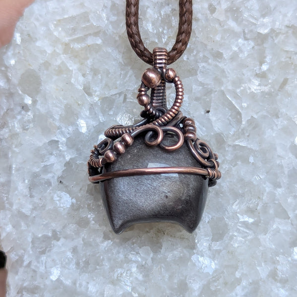 Silver Sheen Obsidian Cauldron Wire Wrapped Oxidized Copper Pendant