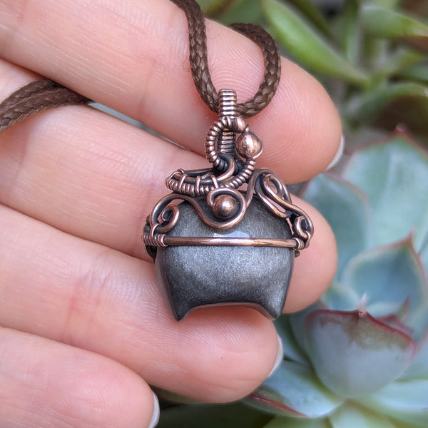 Silver Sheen Obsidian Cauldron Wire Wrapped Oxidized Copper Pendant