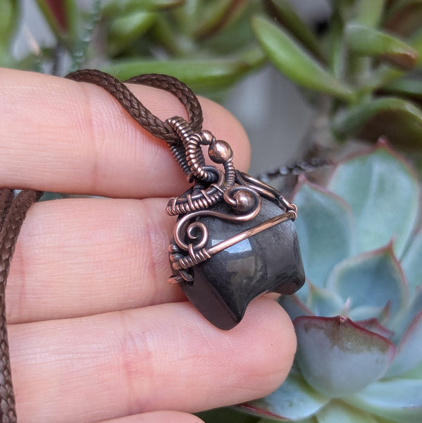 Silver Sheen Obsidian Cauldron Wire Wrapped Oxidized Copper Pendant