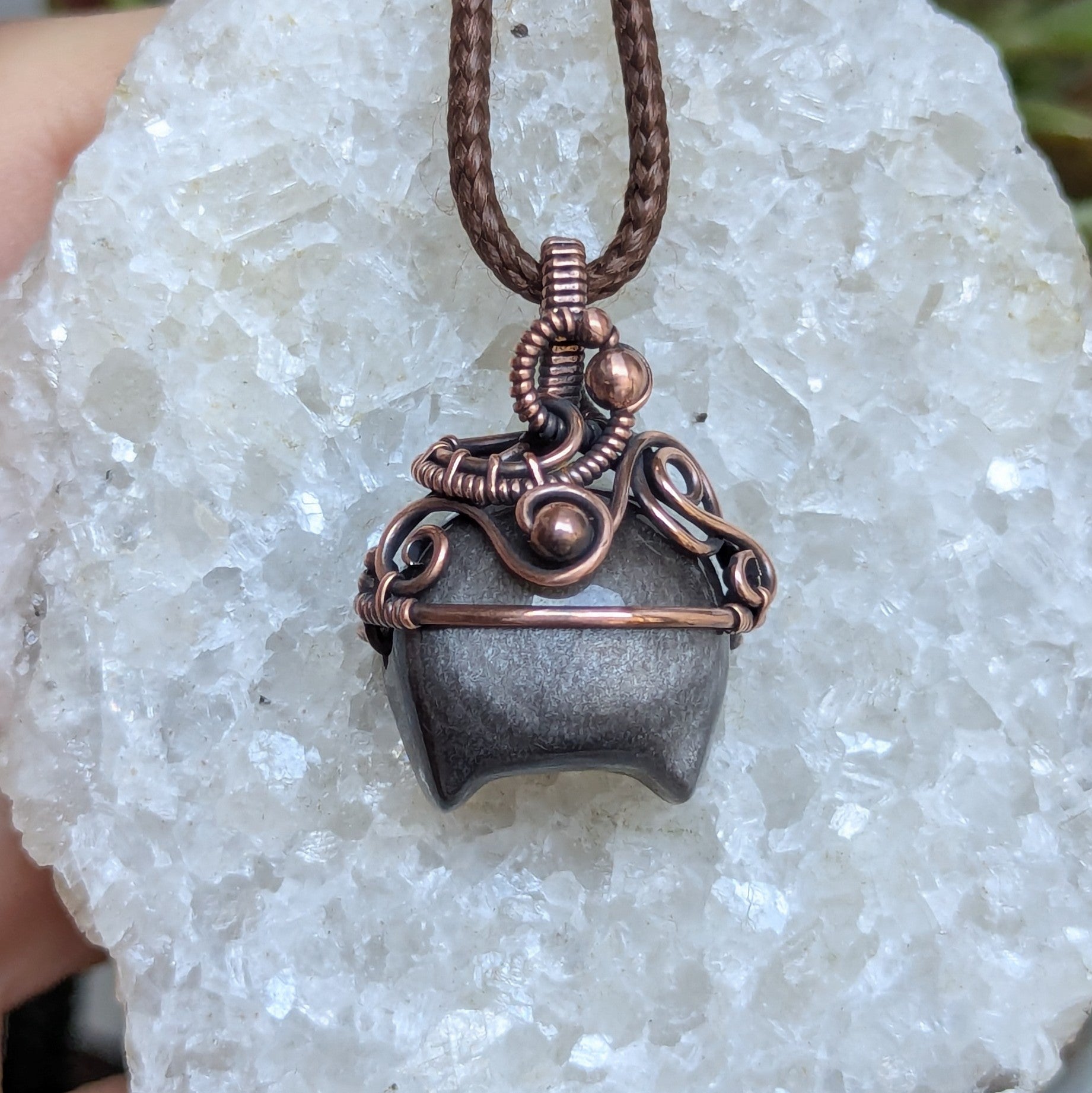 Silver Sheen Obsidian Cauldron Wire Wrapped Oxidized Copper Pendant