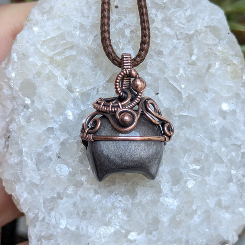 Silver Sheen Obsidian Cauldron Wire Wrapped Oxidized Copper Pendant