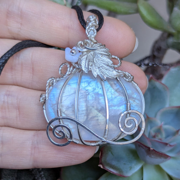 Rainbow Moonstone Pumpkin Carriage Wire Wrapped Sterling Silver Pendant