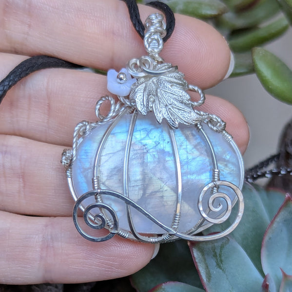 Rainbow Moonstone Pumpkin Carriage Wire Wrapped Sterling Silver Pendant