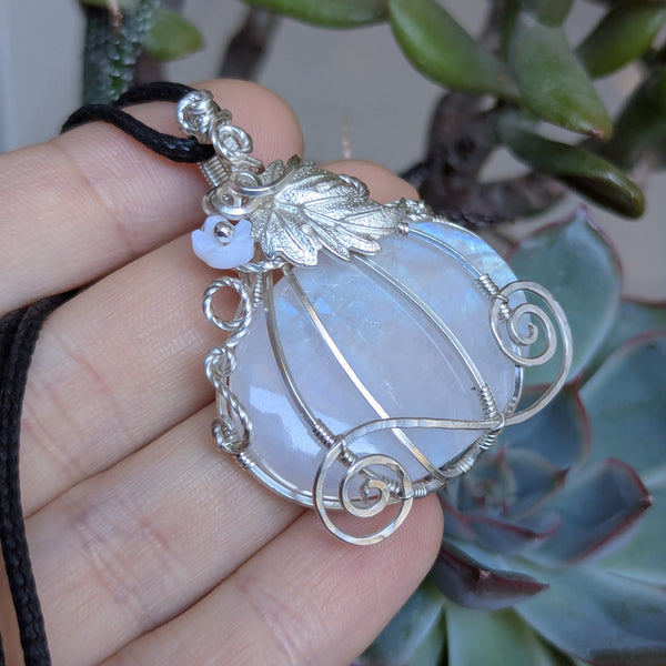 Rainbow Moonstone Pumpkin Carriage Wire Wrapped Sterling Silver Pendant
