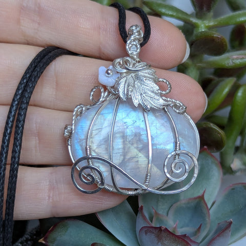 Rainbow Moonstone Pumpkin Carriage Wire Wrapped Sterling Silver Pendant