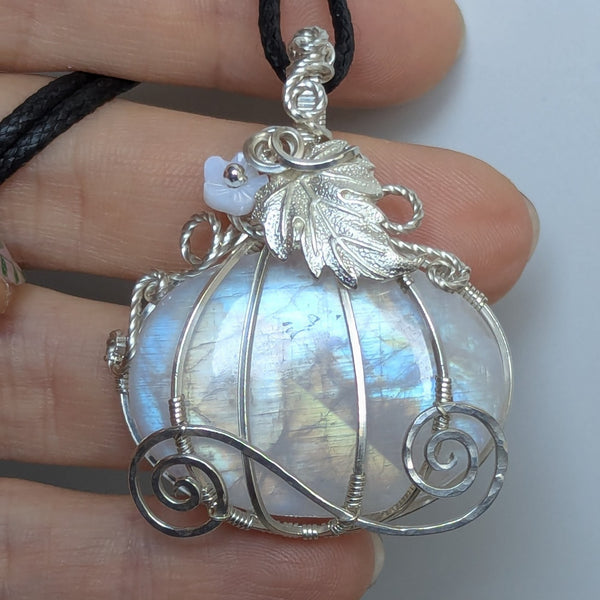 Rainbow Moonstone Pumpkin Carriage Wire Wrapped Sterling Silver Pendant