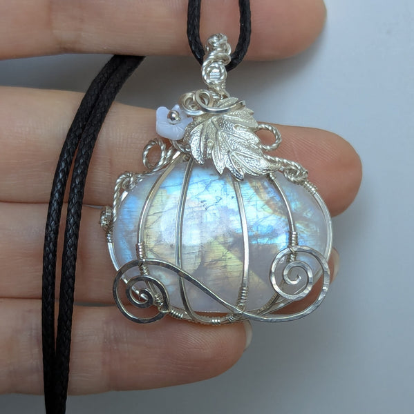 Rainbow Moonstone Pumpkin Carriage Wire Wrapped Sterling Silver Pendant