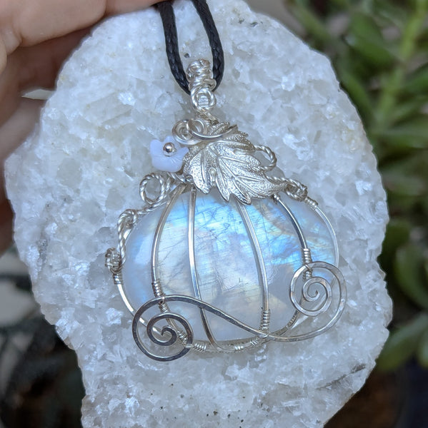 Rainbow Moonstone Pumpkin Carriage Wire Wrapped Sterling Silver Pendant