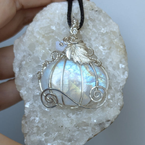 Rainbow Moonstone Pumpkin Carriage Wire Wrapped Sterling Silver Pendant