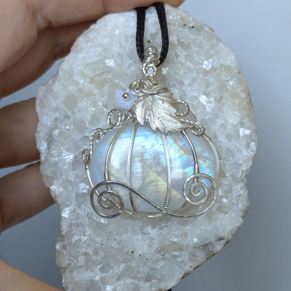 Rainbow Moonstone Pumpkin Carriage Wire Wrapped Sterling Silver Pendant